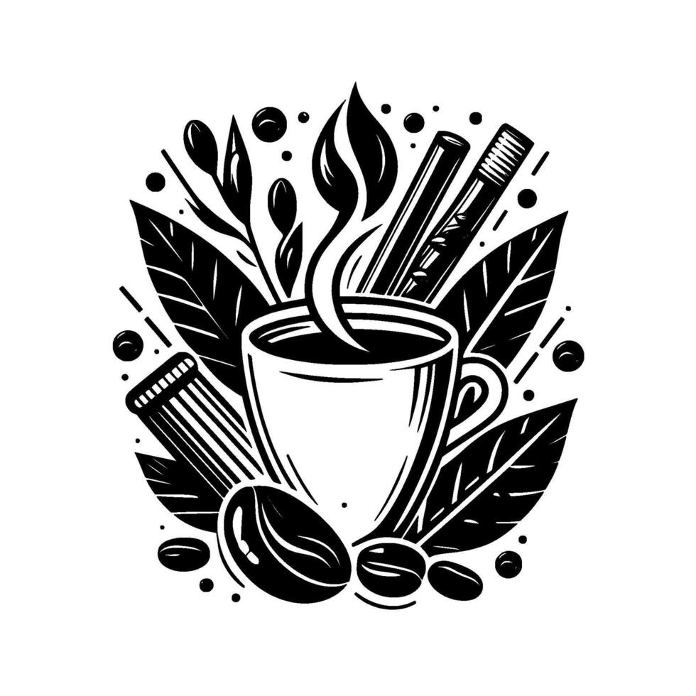 style black and white illustration Steaming coffee cup central, surrounded by beans, leaves, spice sticks, and scattered dots, showcasing a coffeethemed . vector