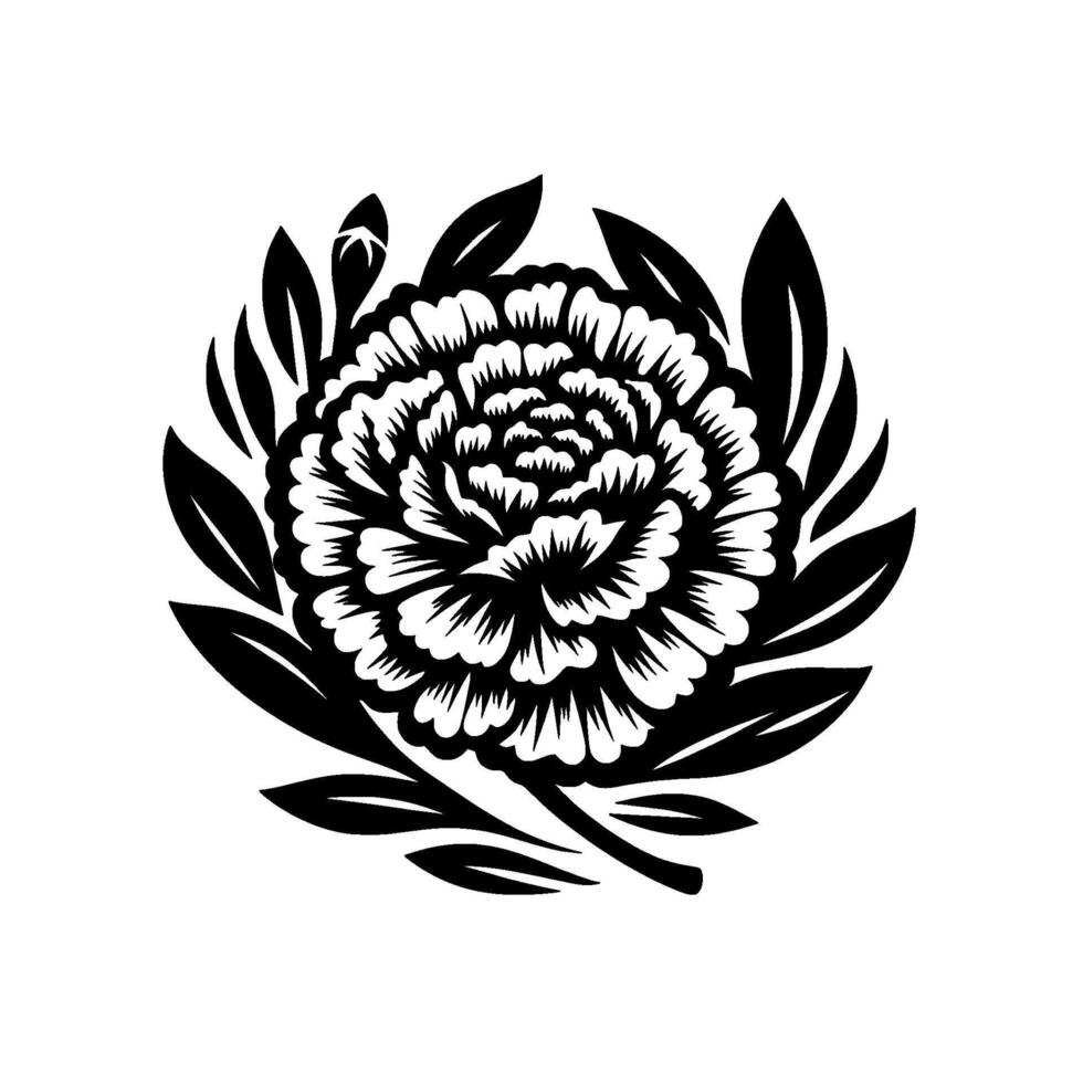 A striking black and white illustration of a stylized peony blossom surrounded by dark leaves and buds, presented on a clean white backdrop. vector