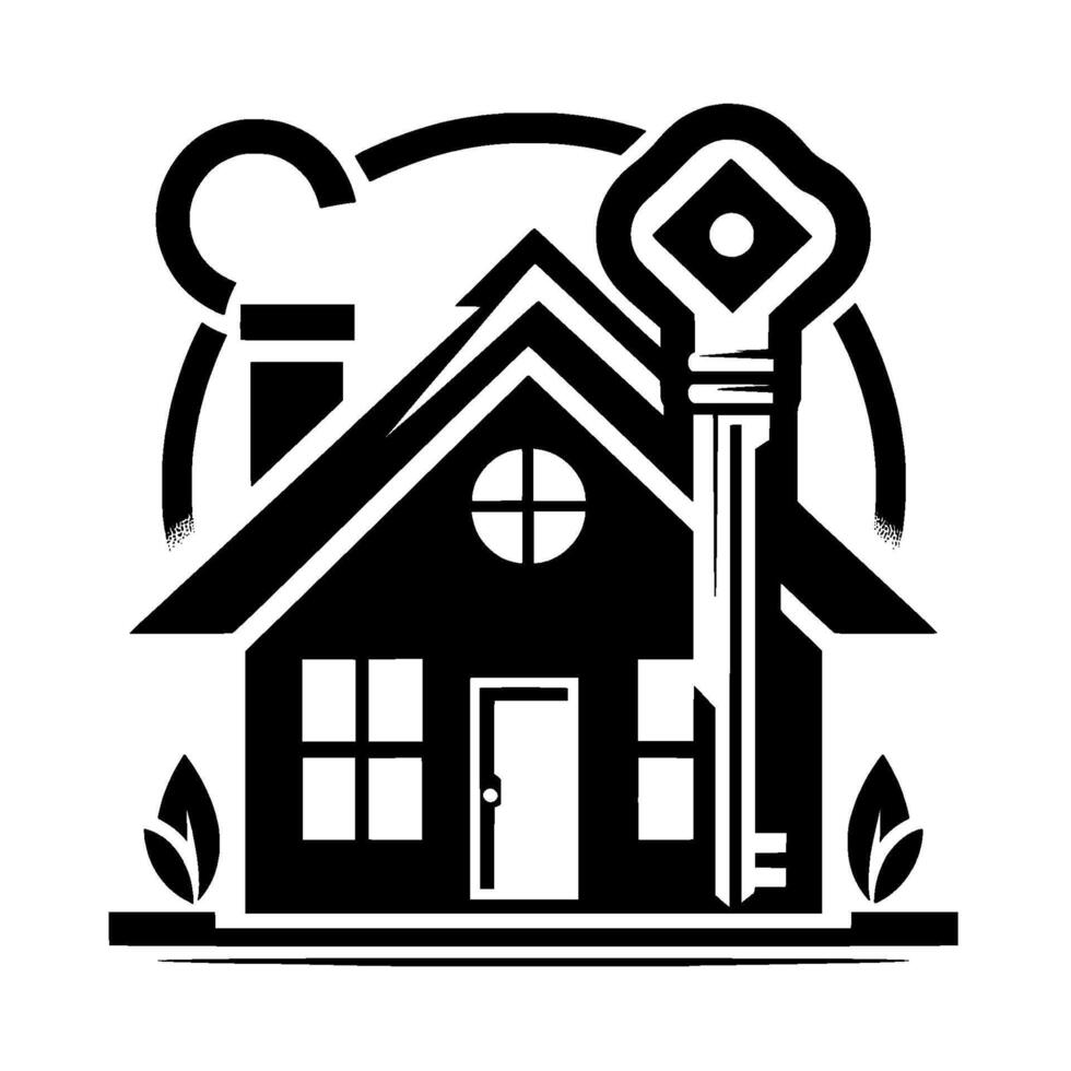 Black and White Illustration of a House with a Key, symbolizing Home Ownership and Security. vector
