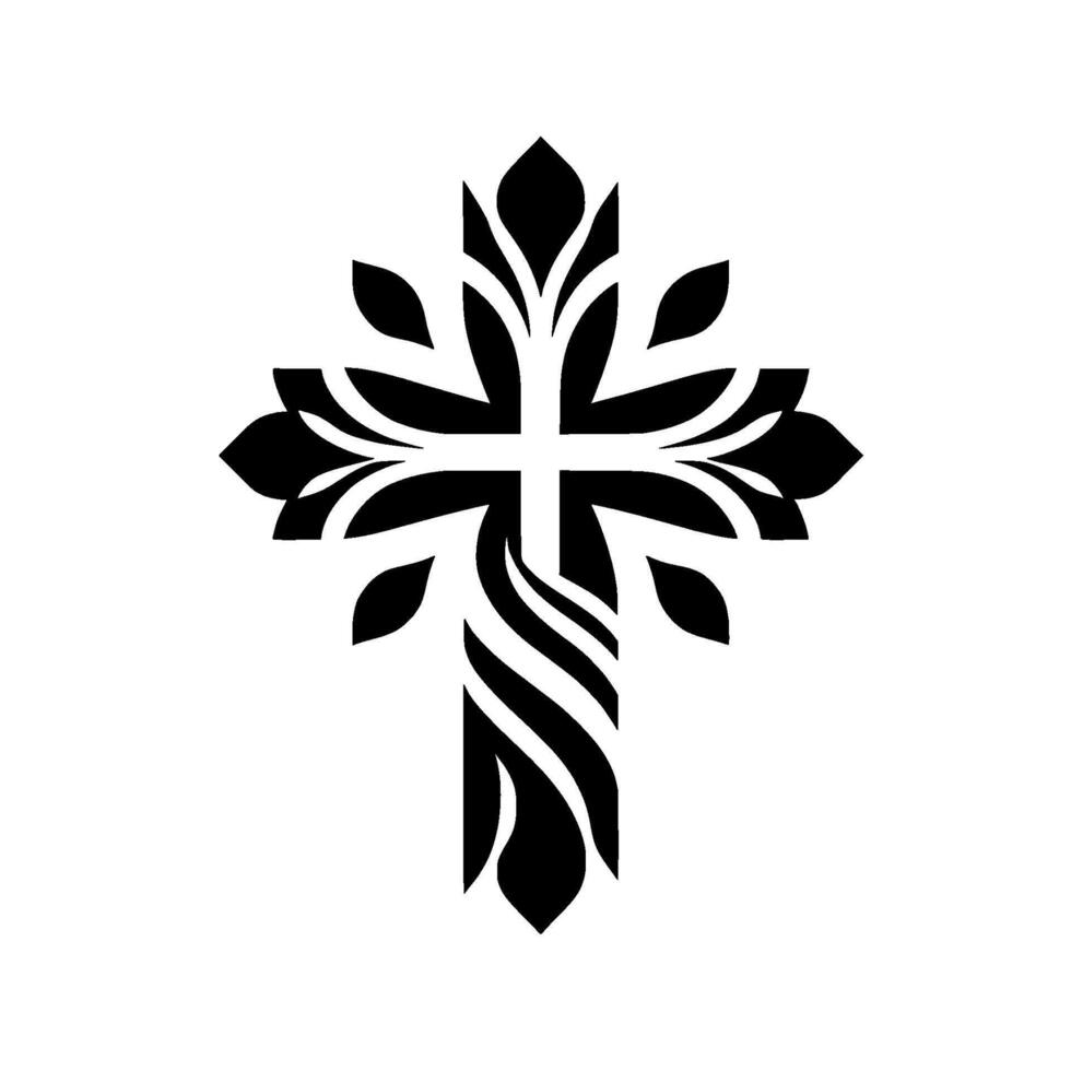 An Elegant Black and White Religious Emblem A Floral Cross with Leaves and Swirls. vector