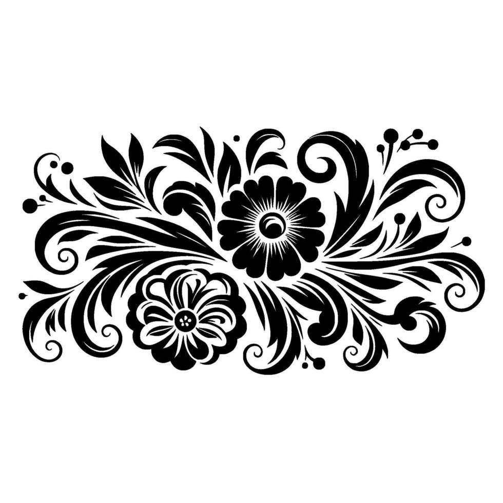 An Elegant Floral A symmetrical, black and white illustration of two stylized flowers and surrounding foliage, leaves, and delicate swirling elements on a white background. vector