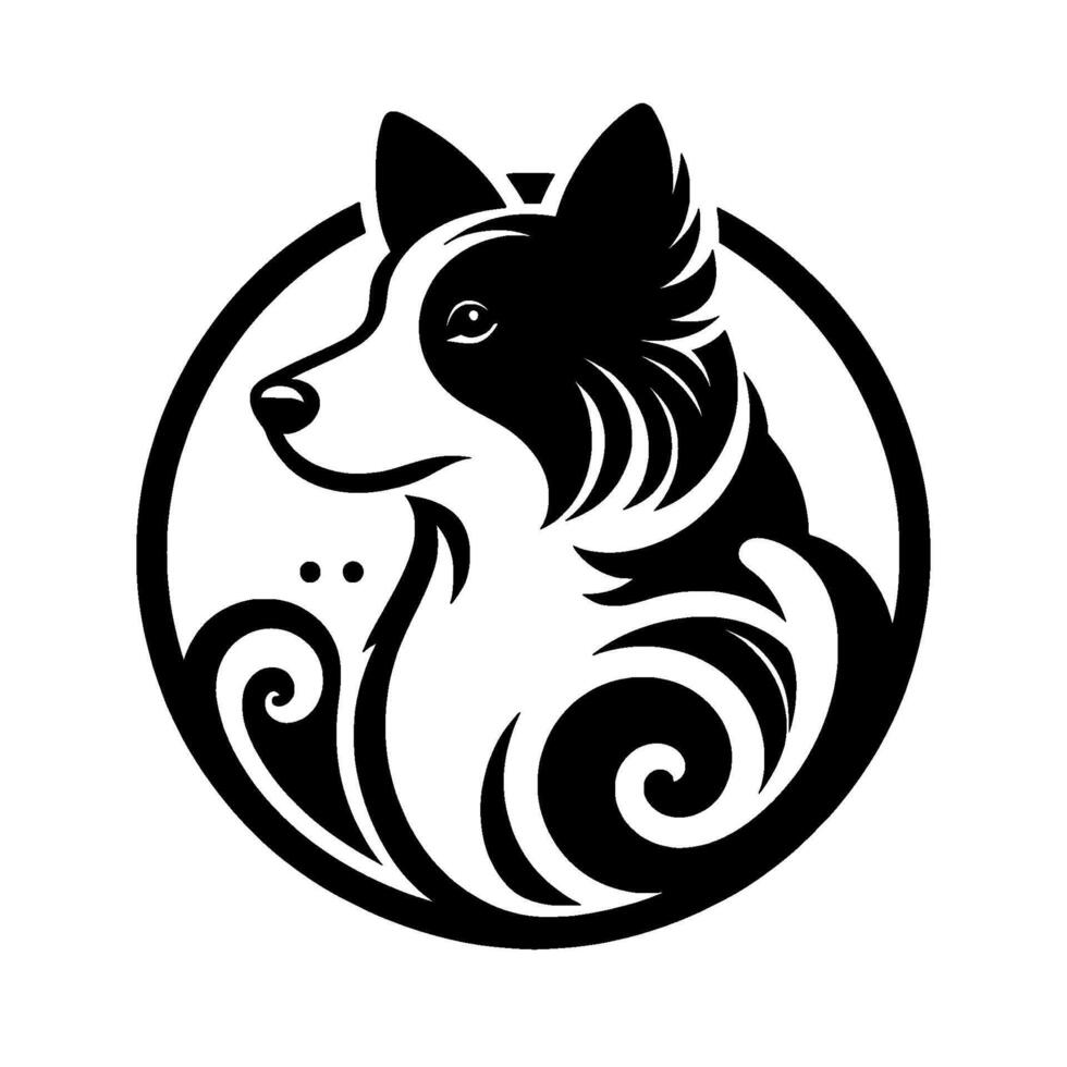 Ornate Black and White Border Collie Portrait Within a Circle, Depicting Grace and Loyalty. vector