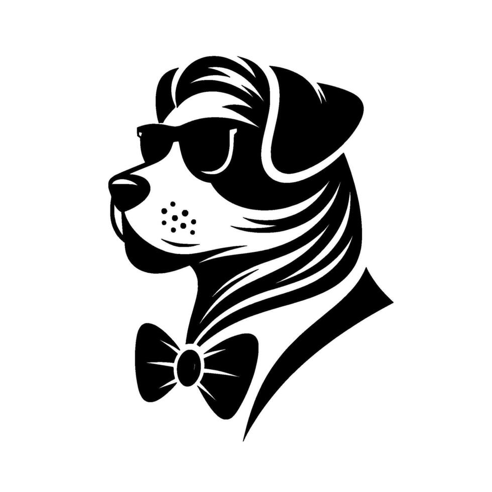 Dapper Dog Profile A stylish black and white illustration of a dog wearing sunglasses and a bow tie, exuding coolness. vector