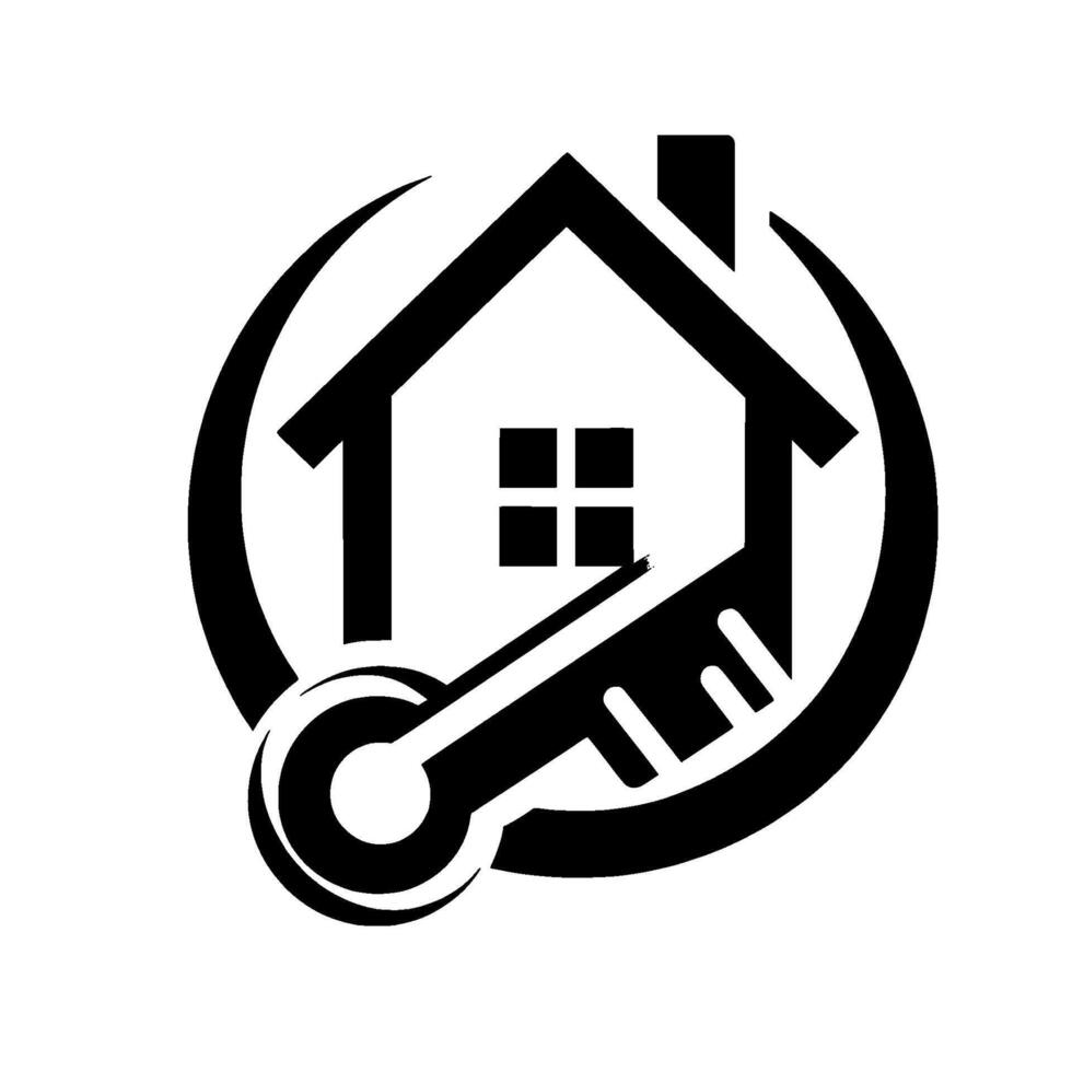 Stylized Black and White Real Estate House Silhouette, Key Overlaid, Circle Border, Simple . vector