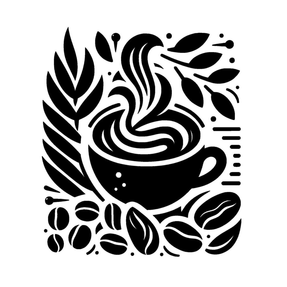 Stylized Black and White Coffee Cup Surrounded by Leaves, Coffee Beans, and Steam in a . vector