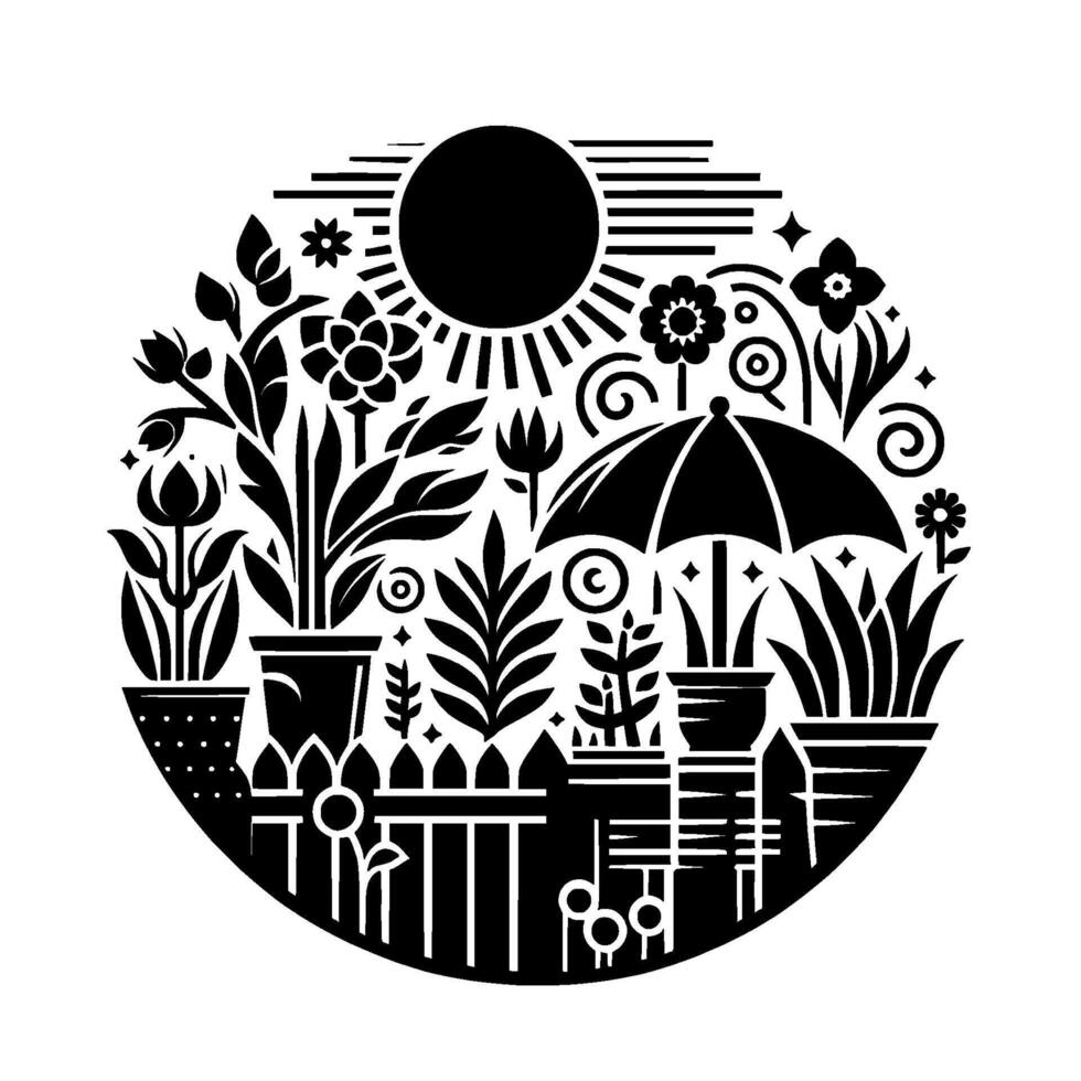 Black White Botanical Illustration Sunlit Garden Scene within a Circle, Featuring Plants, Flowers, and an Umbrella. vector