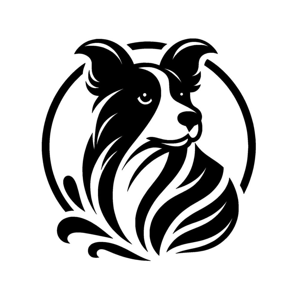 A stylized, monochrome portrait of a Border Collie dog, framed by a circle, showcasing the breeds distinctive markings, and a playful, inquisitive expression. vector