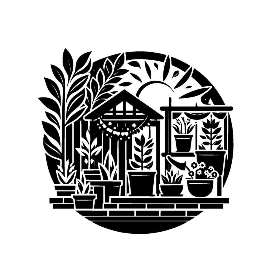 Black and white illustrative garden scene within a circle, featuring potted plants, small shed, fence, and sun. vector