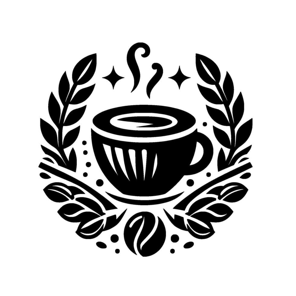 Artistic Monochromatic Illustration of a Coffee Cup, Steam, Stars, and Laurel Wreath Embellishments, Coffee Bean, Emblem vector