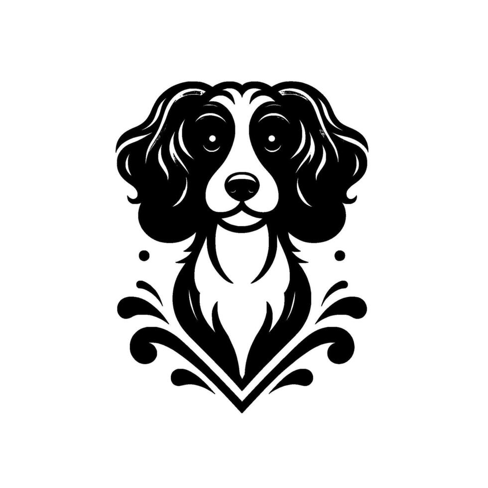 Elegant Black and White Dog Portrait with Flowing Hair and Decorative Elements, Set Against a Clean White Backdrop. vector