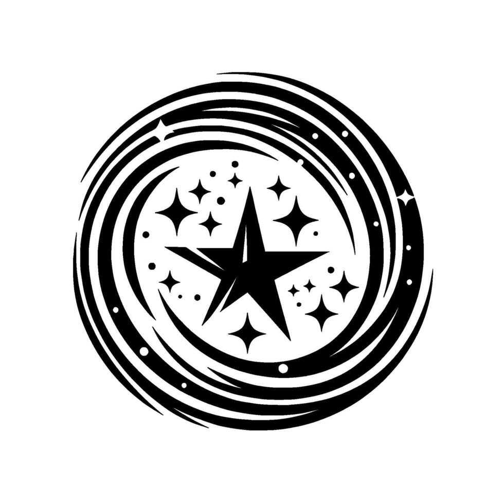 Black and White Starburst A circular vortex of stylized stars with a central, prominent star, radiating energy. vector