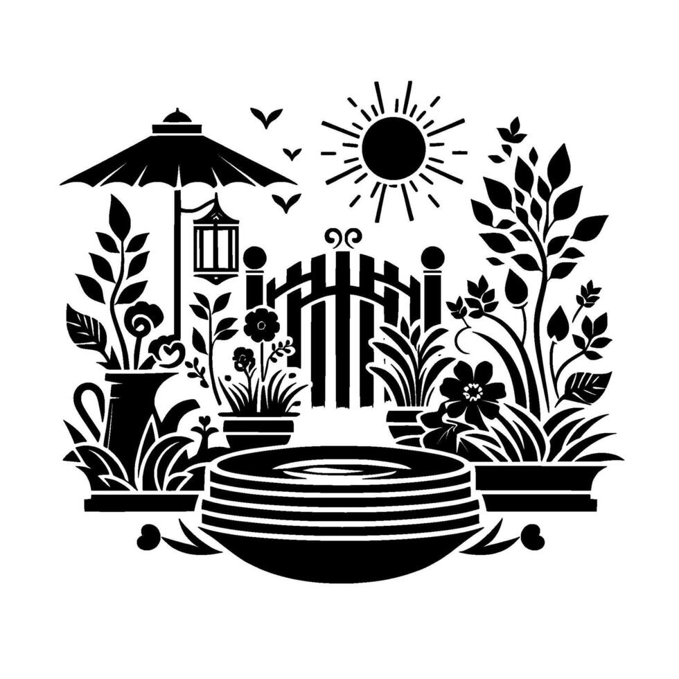 Black and white garden scene with parasol, potted plants, gate, sun, birds, and decorative bowls, evoking peace and tranquility. vector