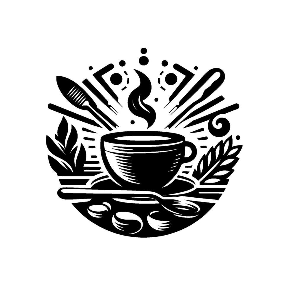 A stylized, monochrome coffeethemed featuring a steaming cup, cutlery, plants, and coffee beans, arranged in a circular emblem. vector