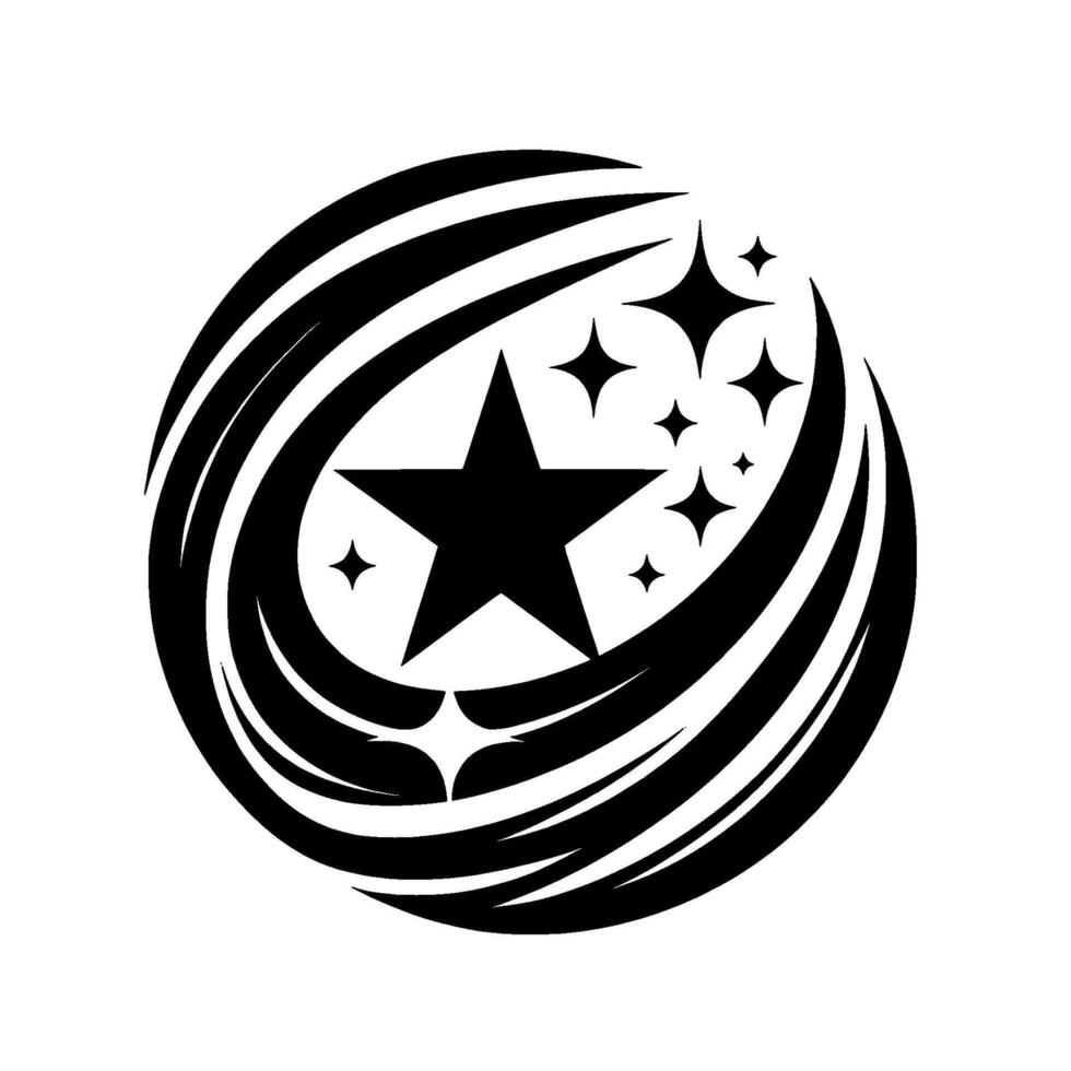 Black and White Starry Emblem Bold FivePointed Star Surrounded by Twisting Swirls and Small Sparkling Star Clusters vector