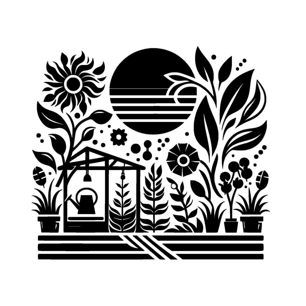 A monochrome botanical illustration depicting a stylized garden scene with a greenhouse, plants, flowers, and a sun. vector