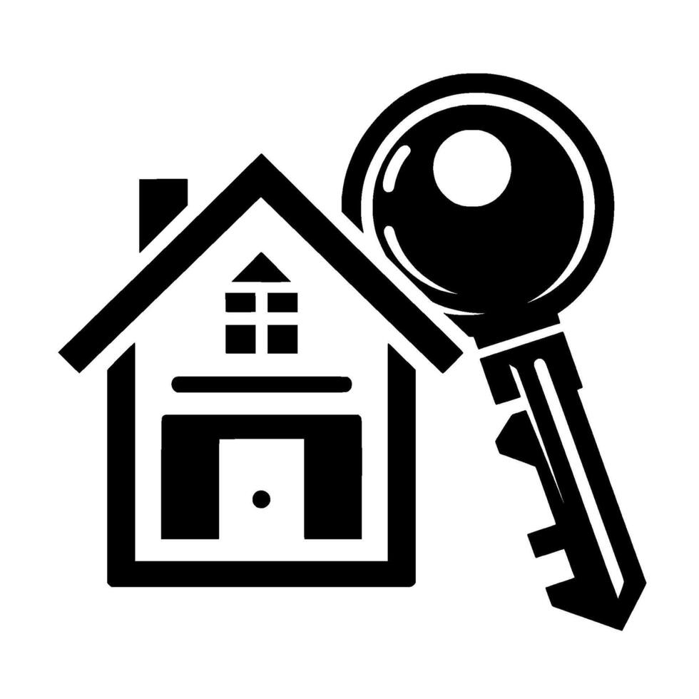Black and White Silhouette of a House and Key, Symbolizing Real Estate, Home Ownership, and Security on White Background. vector