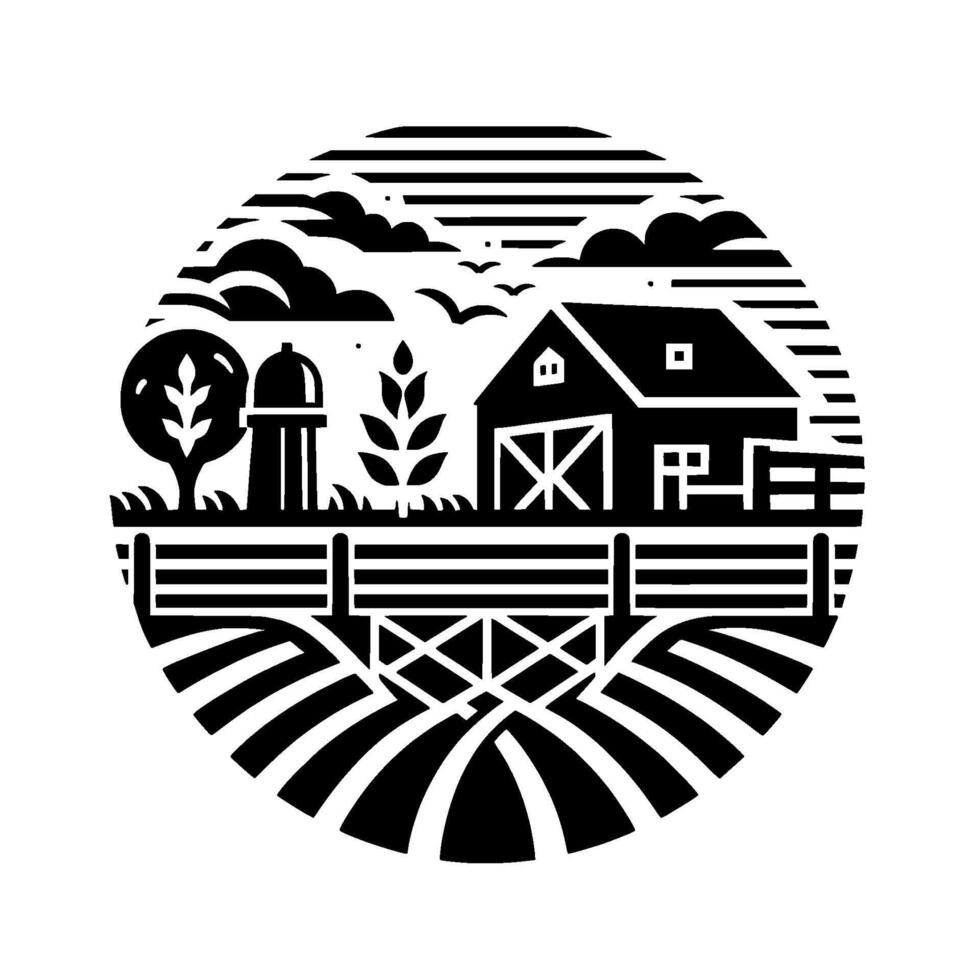 Black and White Farm Circle Barn, Crops, Fence, Tree, Silo, Cloudscape, Minimalist Rural Scene. vector