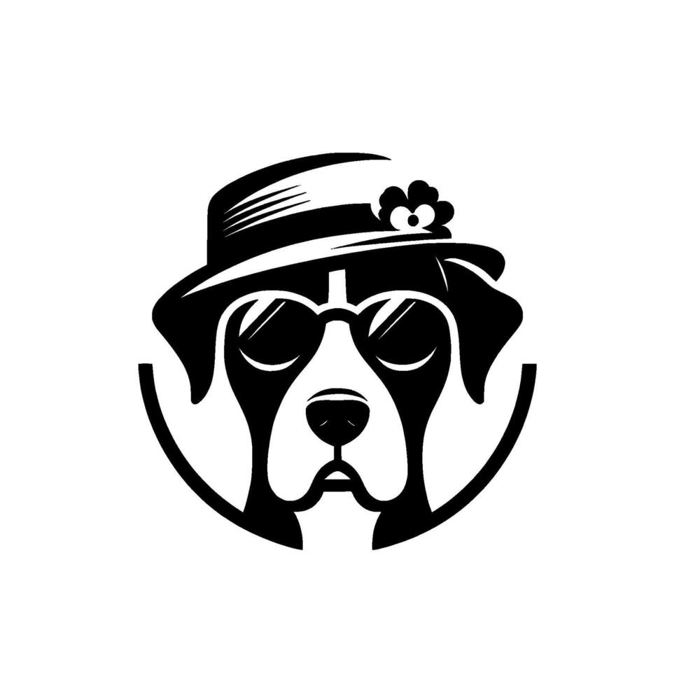 Black and white illustration of a stylish dog wearing sunglasses, a fedora with a flower, and framed by an arc. vector