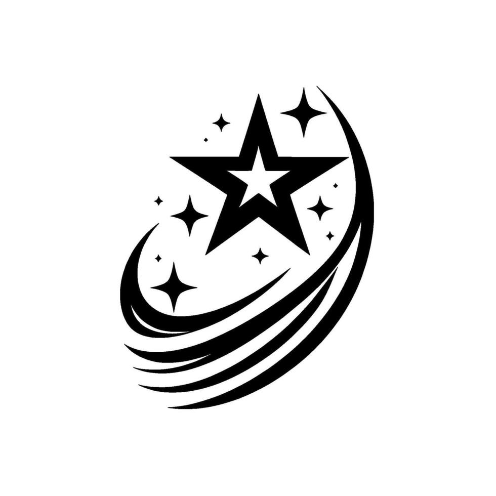 Black and white of a star, a central fivepointed star with inner star and smaller stars forming a constellation in a stylized arc. vector
