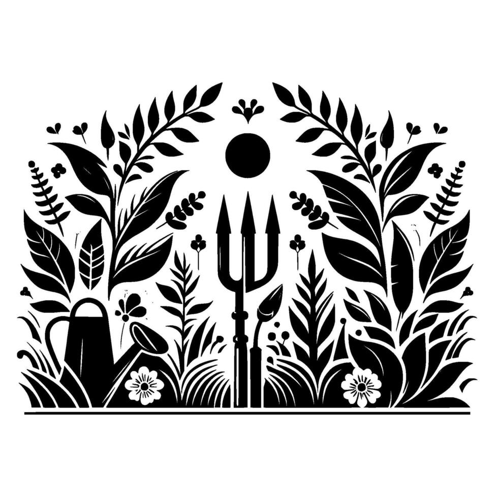 Black and White Garden Illustration Watering Can, Pitchfork, Sun, and Lush Floral Foliage in Decorative Arrangement. vector