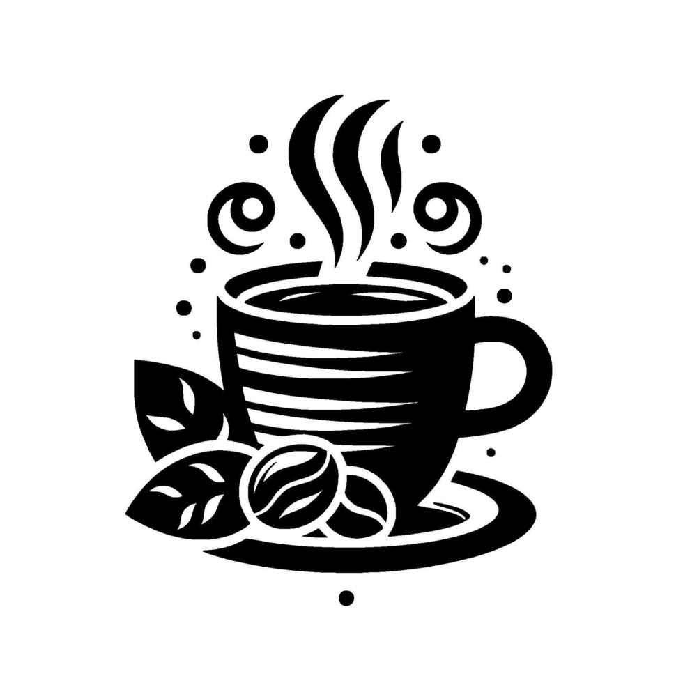 Stylized black and white coffee cup illustration with steam, coffee beans, leaves, and dots, perfect for logos. vector