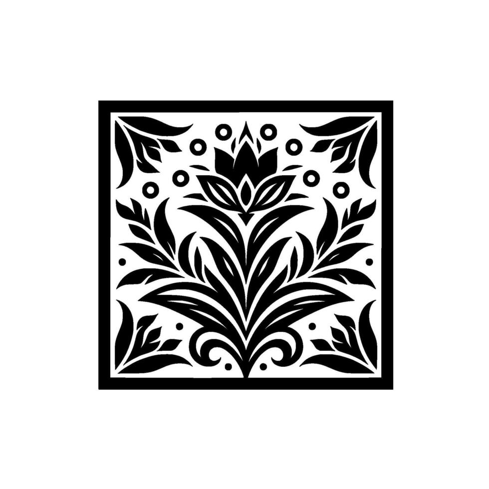 Symmetrical, square black and white floral with detailed leaves, stylized flower, and decorative border on a white background. vector