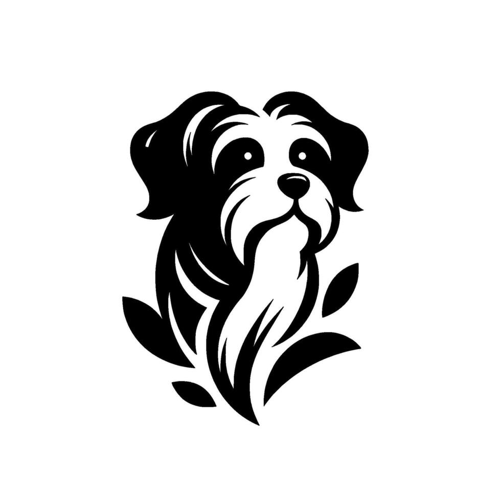 Black and White Emblem of a Dog with Stylized Facial Features and Leaf Embellishments, Clean and Modern . vector