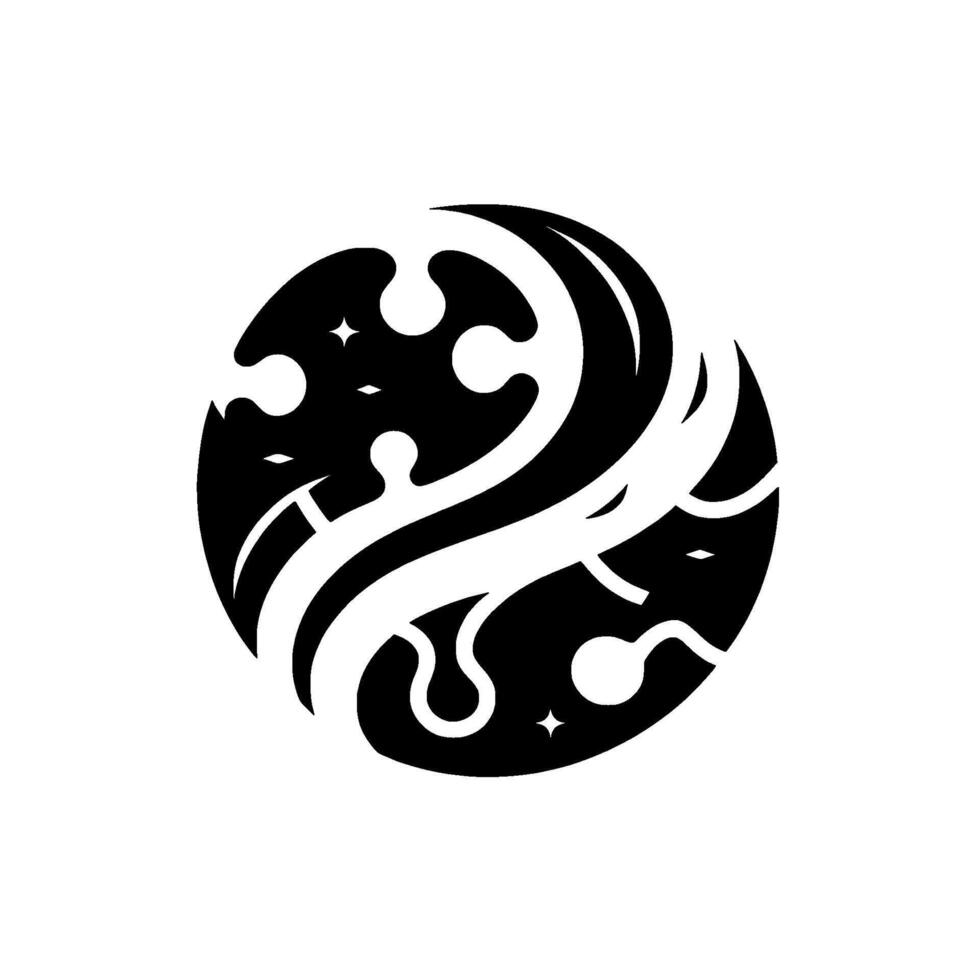 A symmetrical black and white circular featuring stylized organic shapes, stars, and a textured background, creating a balanced and abstract composition. vector