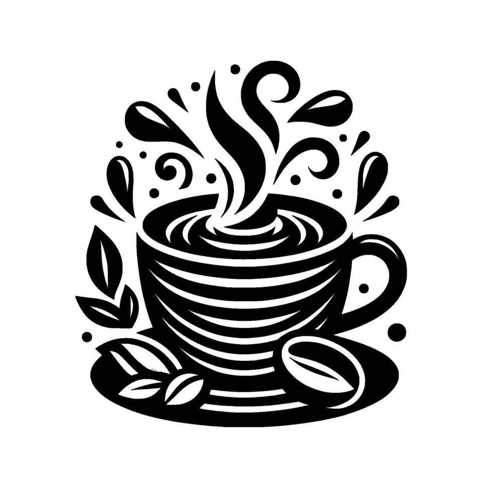 Bold Black White Coffee Art Steaming Cup with Coffee Beans and Leaves, Artistic, Decorative. vector