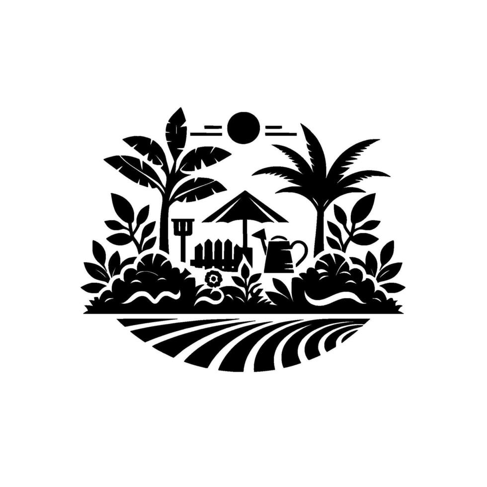 Stylized Black and White Garden Illustration, featuring lush foliage, tools, and sun, framed by a curved horizon. vector