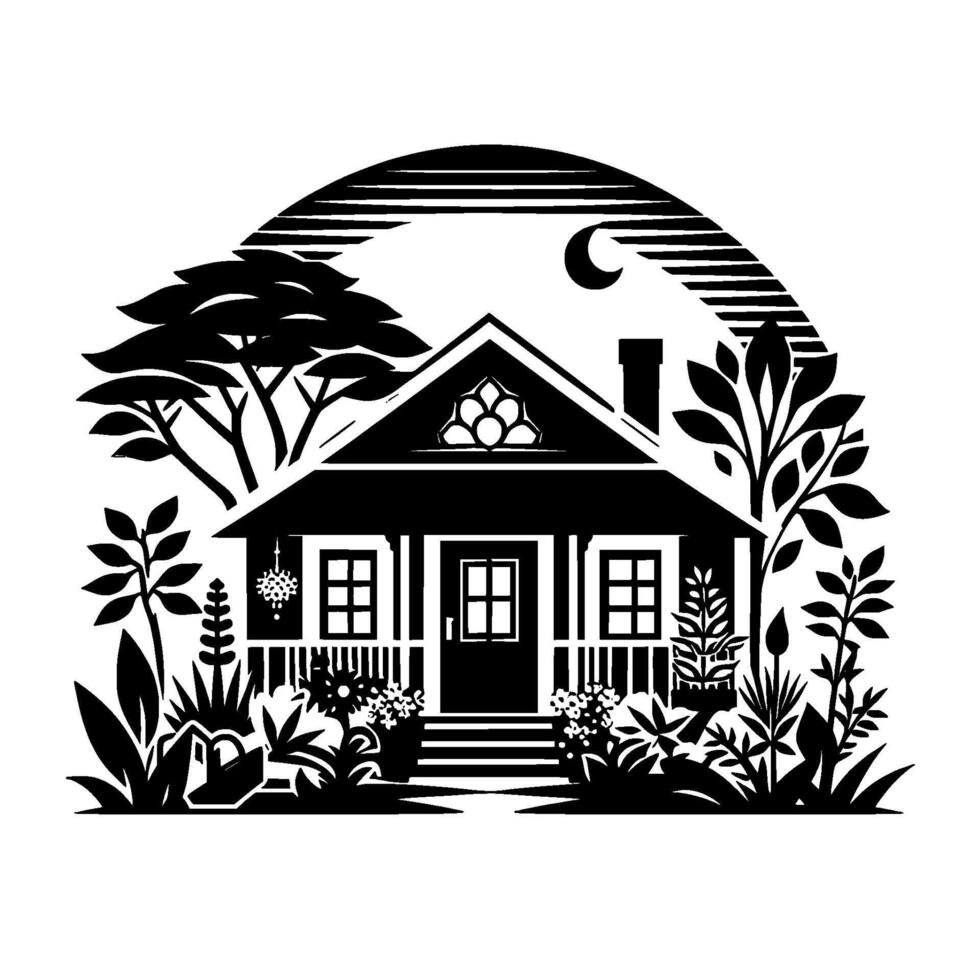 Black White Silhouette Cozy Cottage with Porch, Lush Garden, Moon, Trees, Botanical Framing. vector