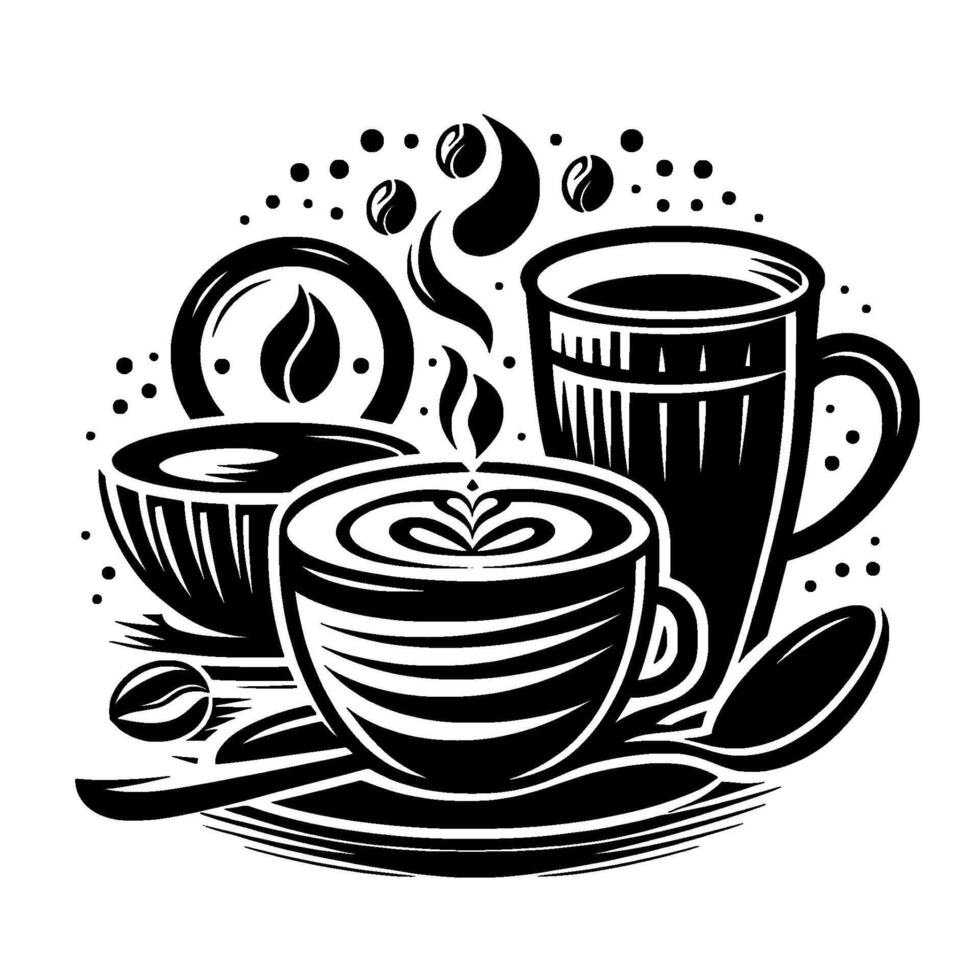 Artistic Black White Illustration Coffee Latte Cups, Mugs, Beans, Spoon Candle, Steaming Abstract . vector