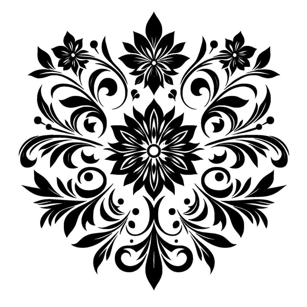 Symmetrical Black and White Floral Ornament with Leafy Swirls, Ornate Flourishes, and Delicate Petals on a Clean Background. vector