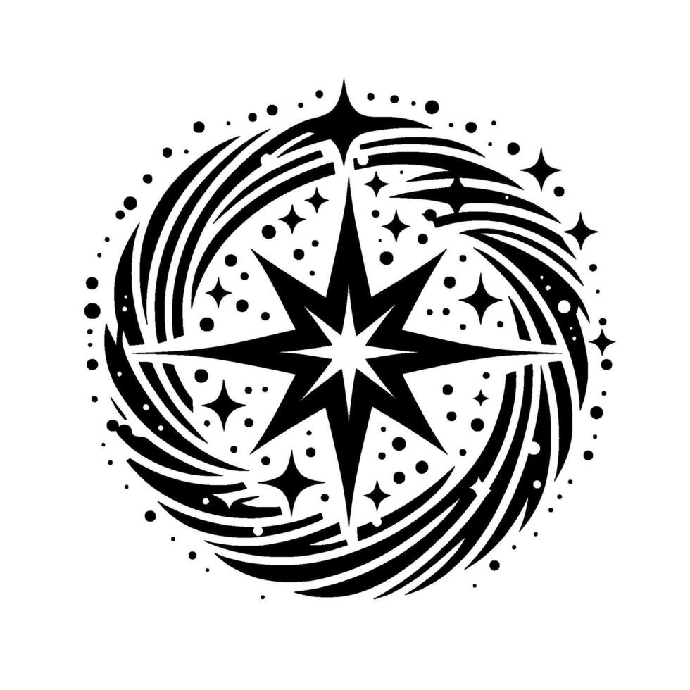 Abstract celestial featuring a central eightpointed star, surrounded by swirling lines, dots, and smaller stars, creating a symmetrical, stylized composition in black and white. vector
