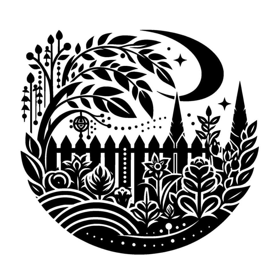 Whimsical Black White Garden Scene Crescent Moon, Stars, Floral , Wooden Fence, Trees, Decorative Ornaments in a Circular Composition. vector