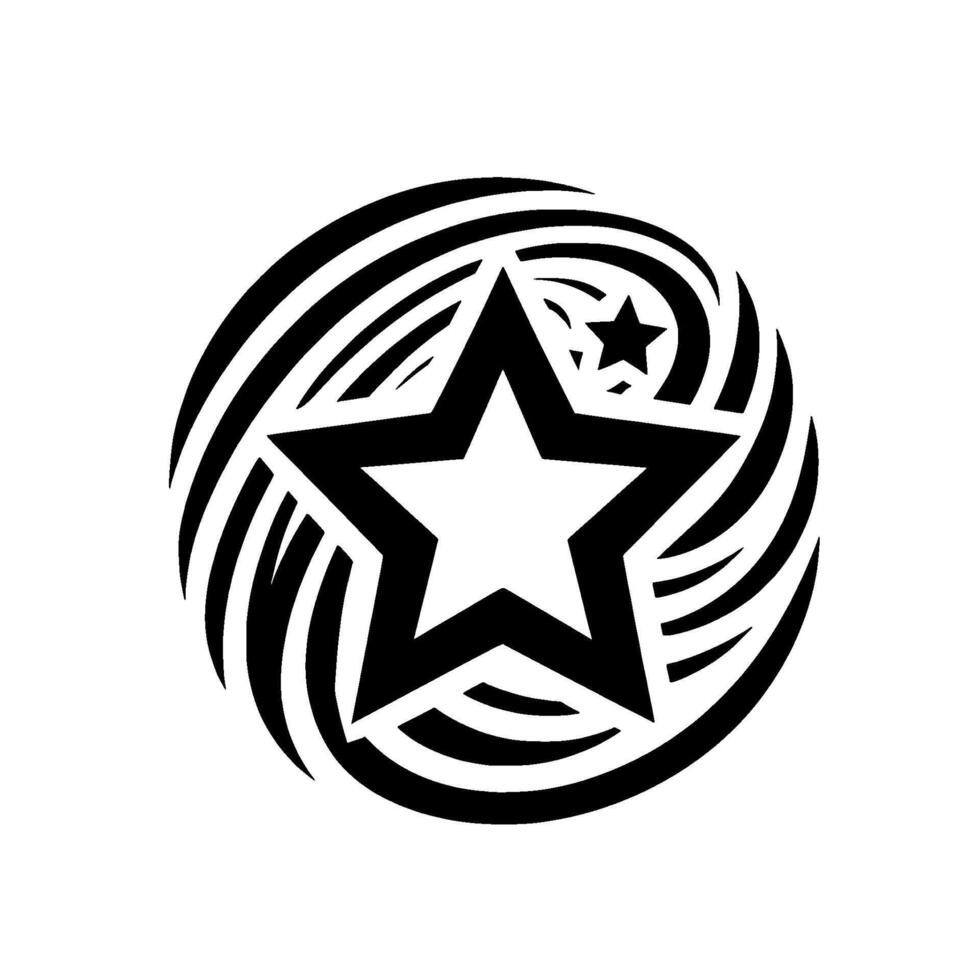 Bold Black White Circular Featuring a Large Star at Center, a Smaller Star, and Swirling Lines, Symbol of . vector
