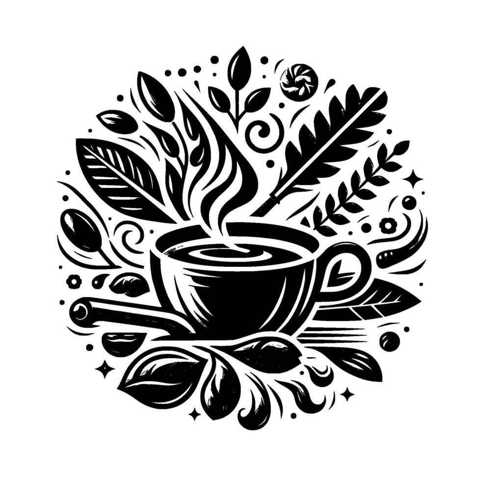 Monochromatic coffee cup encircled by leaves, beans, and decorative elements, stylized and symmetrical , evoking warmth. vector