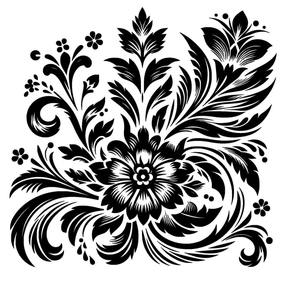 Intricate black floral ornament with various stylized blooms, leaves, and swirling elements on a white backdrop, a symmetrical . vector