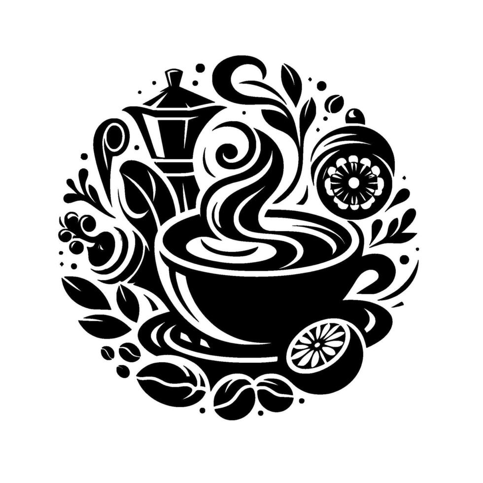 Elegant Black and White CoffeeThemed Circle Cup, Pot, Steam, Beans, Citrus Floral Embellishments. vector