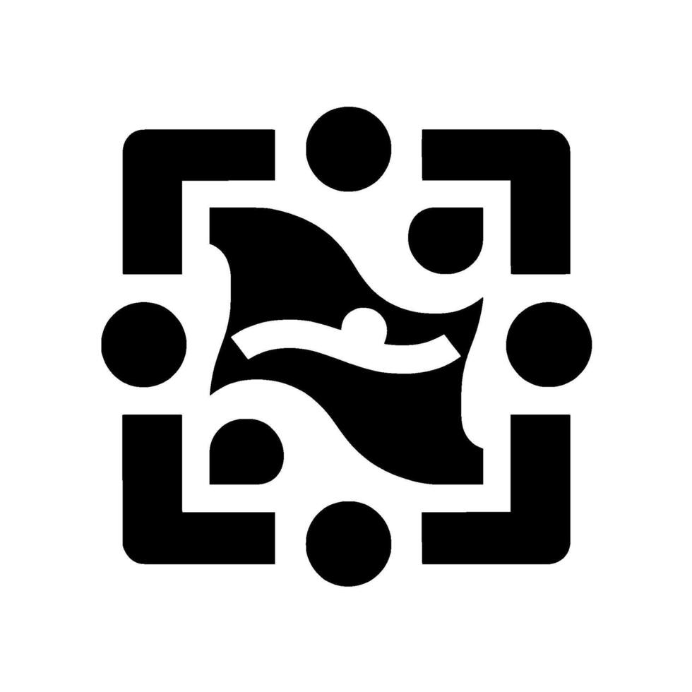 Abstract black and white square with flowing curves, a central form resembling a stylized figure and surrounded by four dots. vector