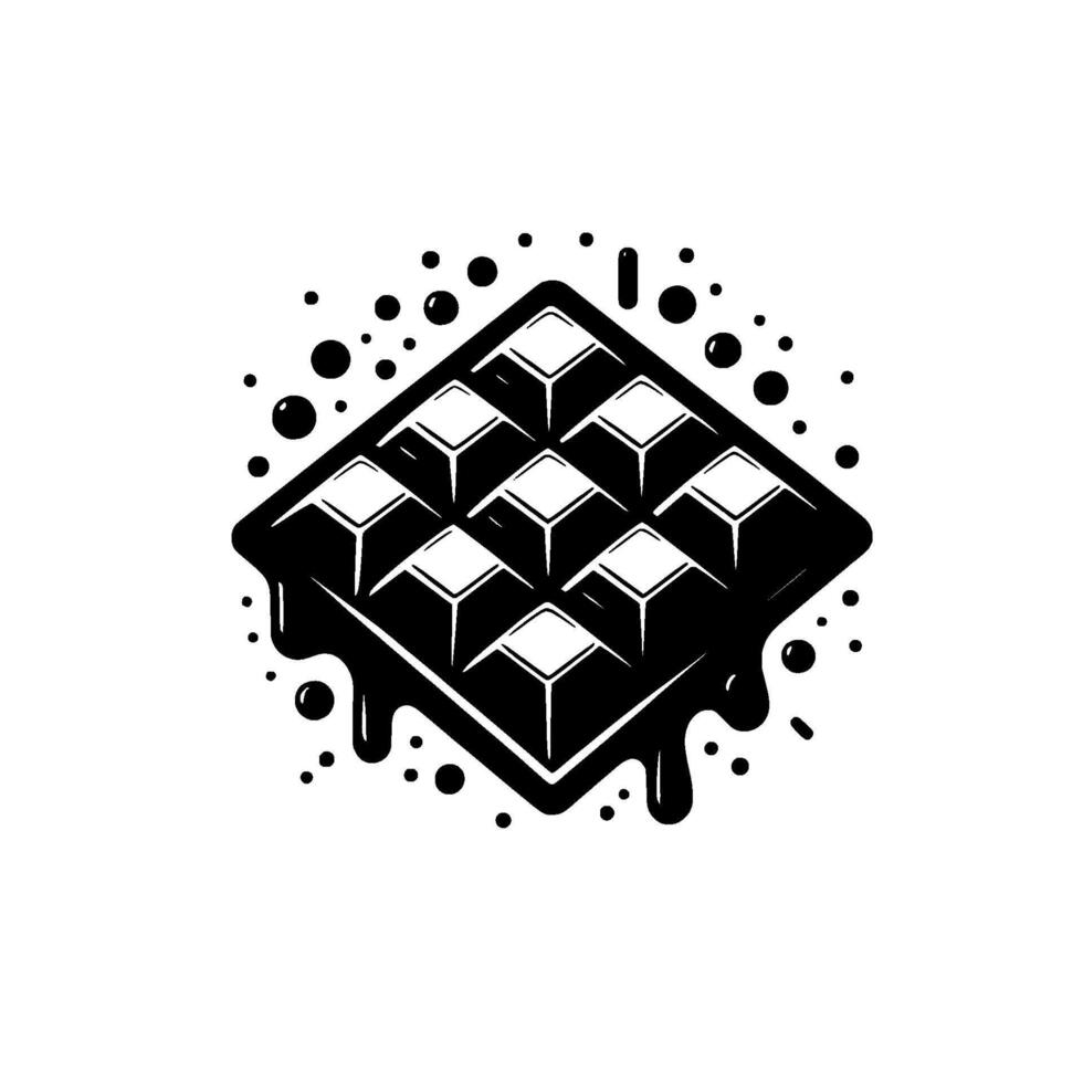 A monochrome illustration of a waffle with a square grid of white squares and black syrup drips surrounded by dots on a white background. vector