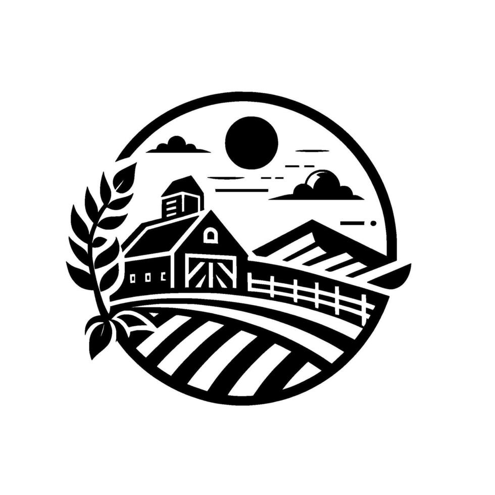 Monochromatic Farm Circle Barn, Fields, Mountains, Sun, Clouds, and Grain Branch, Rustic Rural Landscape . vector