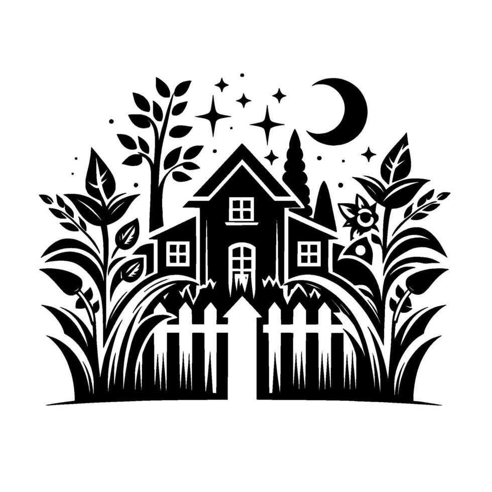Stylized Black and White Illustration of a House Surrounded by Nature Under a Night Sky with Moon, Stars, and Foliage, Framed by a White Picket Fence. vector