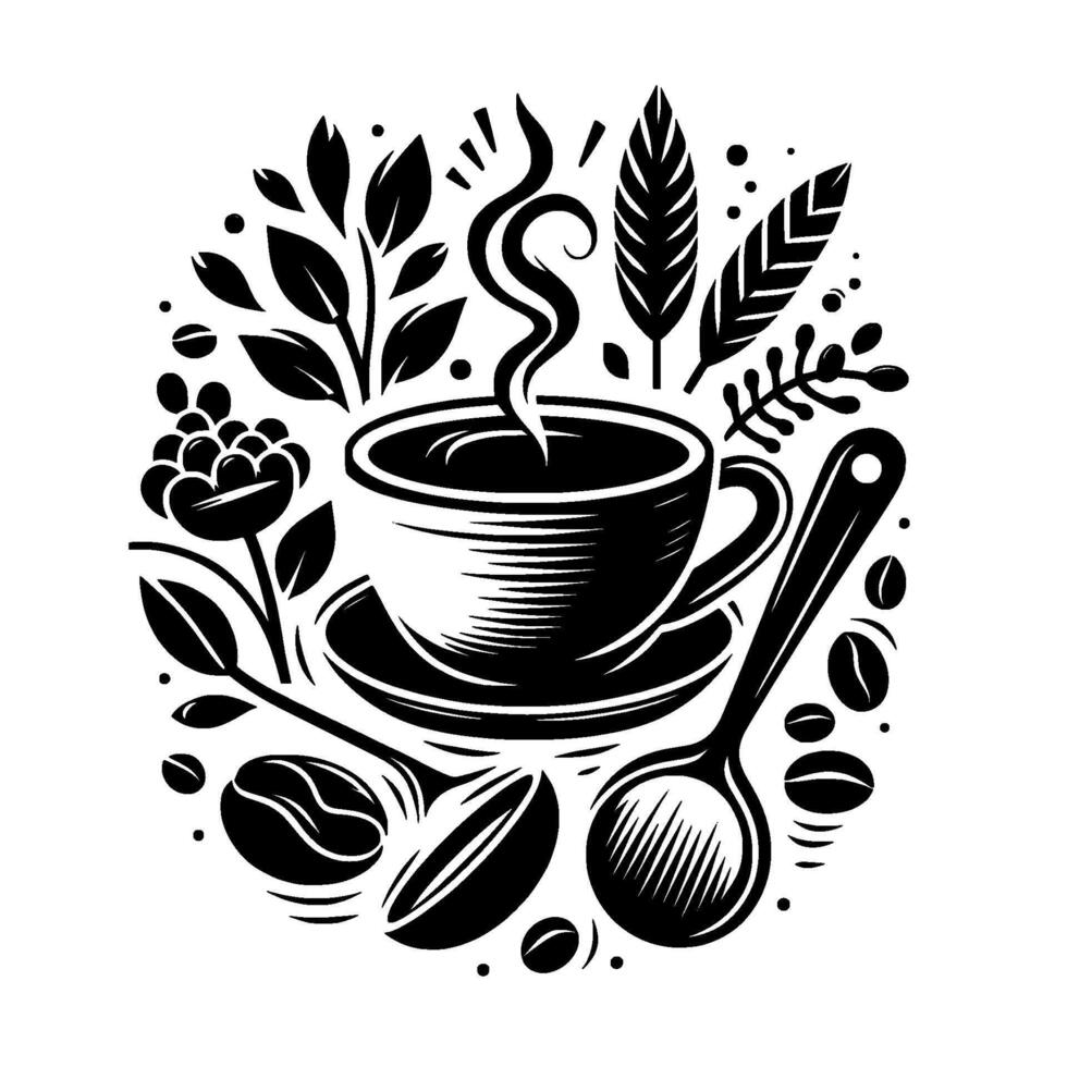 Elegant Black and White Coffee Illustration Steaming Cup, Coffee Beans, and Botanical Elements in a Symmetrical . vector