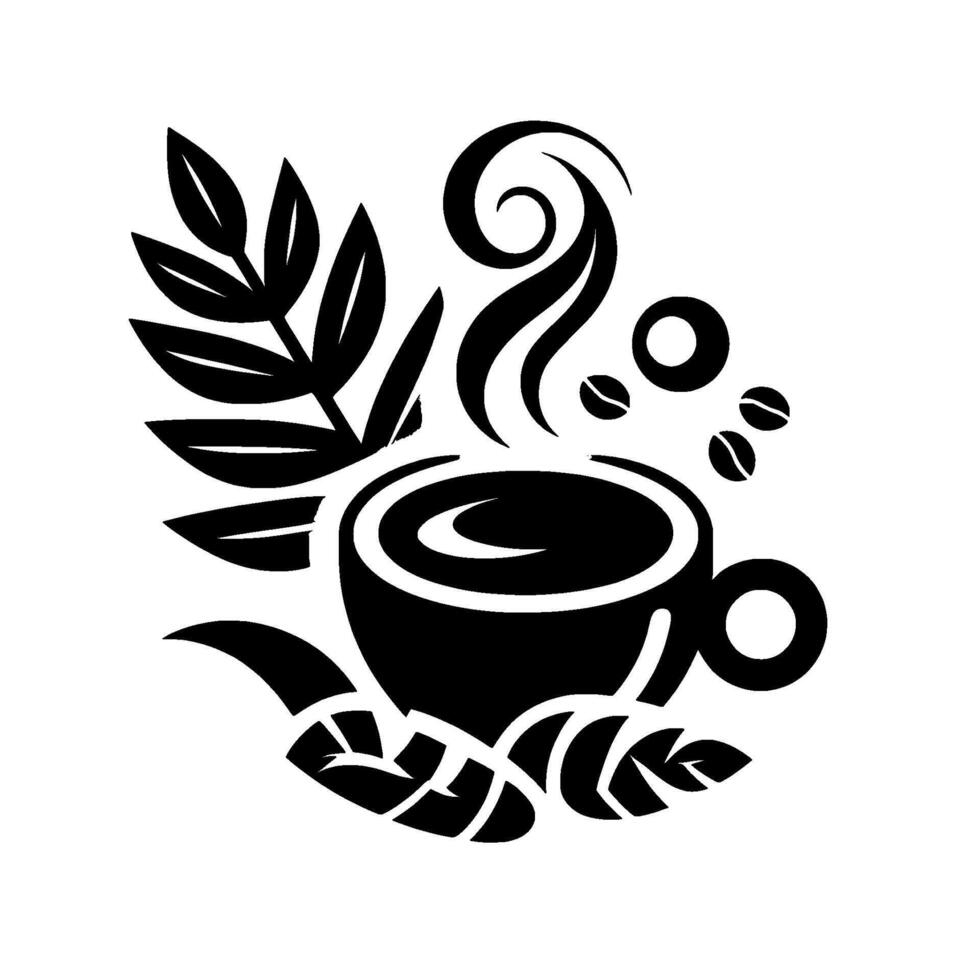 Stylized Monochrome Coffee Cup Illustration with Leaves, Steam, and Beans for Caf or Beverage . vector