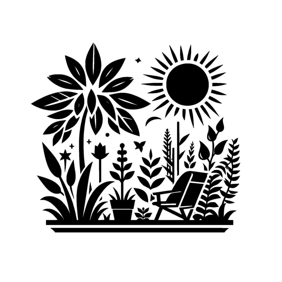 A tranquil blackandwhite illustration of a tropical garden scene, complete with a palm tree, sun, chair, plants, and starry night sky. vector