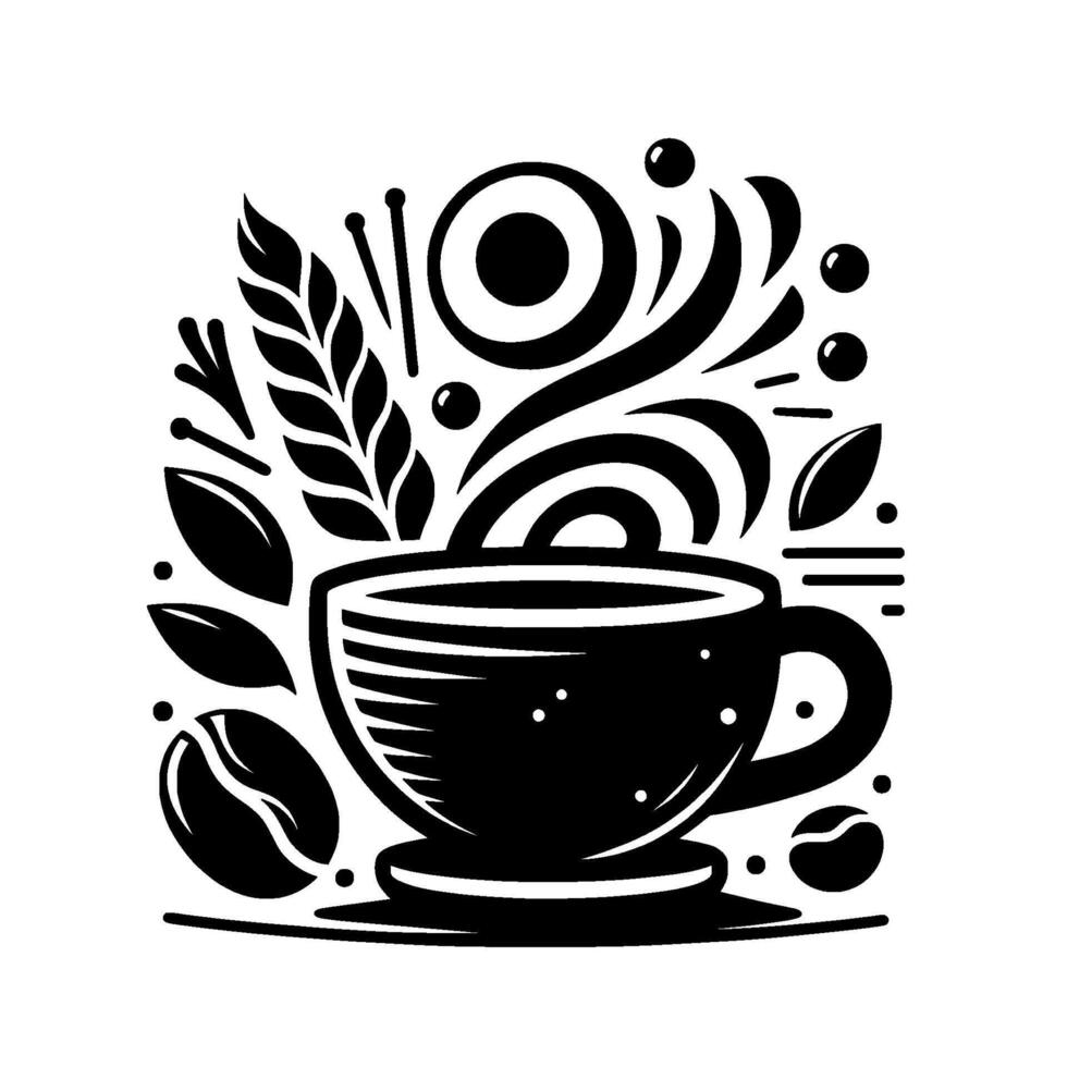 Intricate Black and White Illustration of a Coffee Cup with Stylized Coffee Elements Flourishes, Minimalist . vector