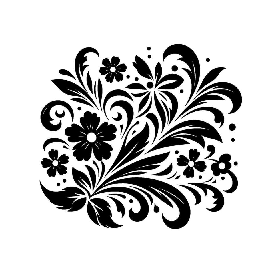 Elegant Black and White Floral A symmetrical arrangement of stylized flowers, leaves, and swirls in a bold silhouette against a white background. vector