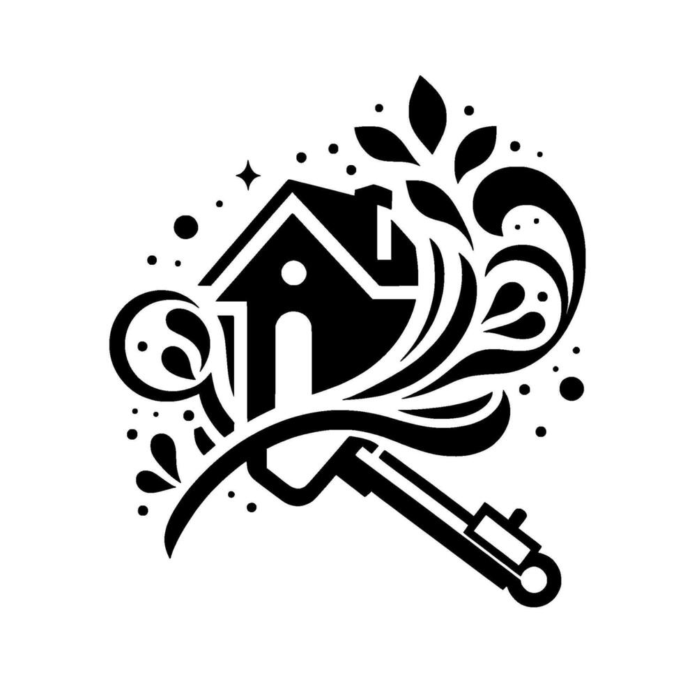Elegant Black and White House Key , Combining Home Silhouette with Decorative Floral Elements and Curvilinear Details. vector