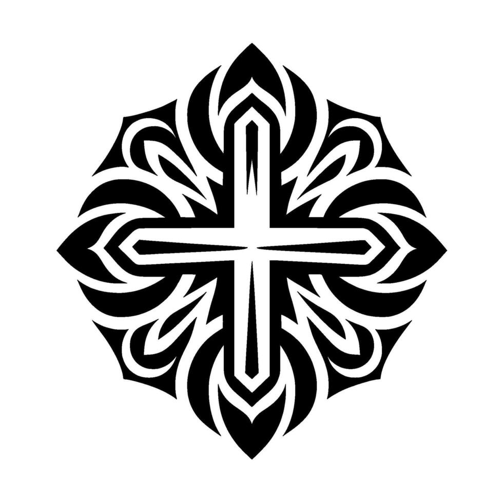 Black and White Geometric Cross surrounded by a symmetrical, stylized ornamental on a white background. vector